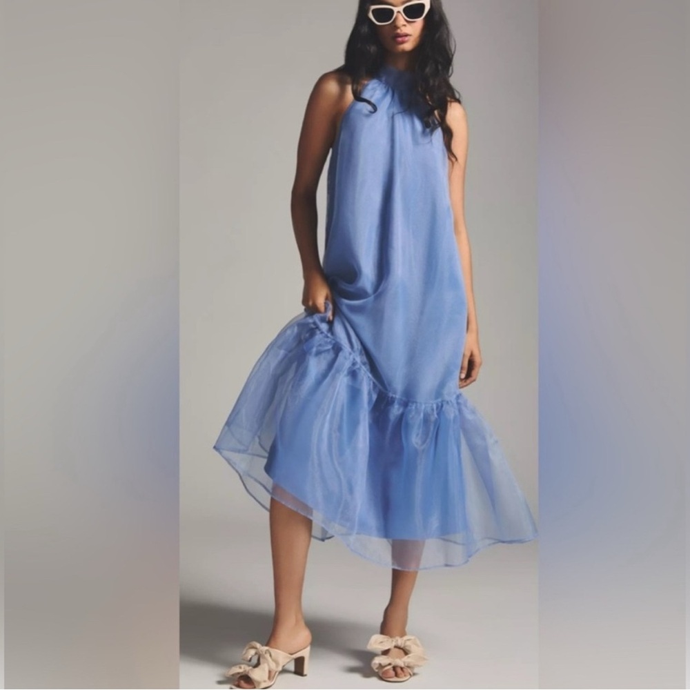 Maeve by Anthropologie Ruffle Chiffon Halter Blue Dress
